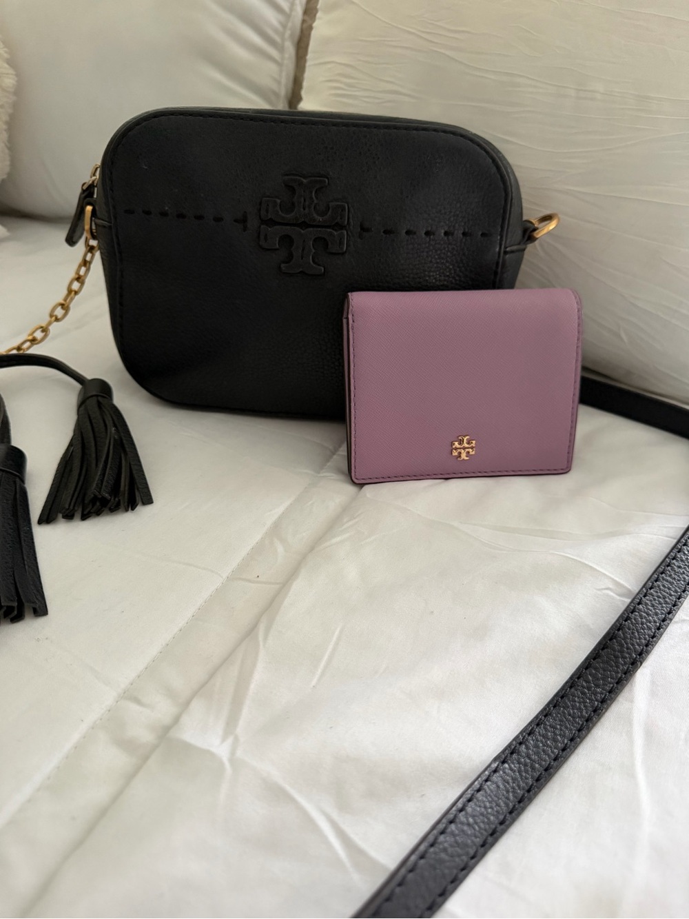 Tory Burch Black Leather Crossbody Bag + Purple Wallet Bundle